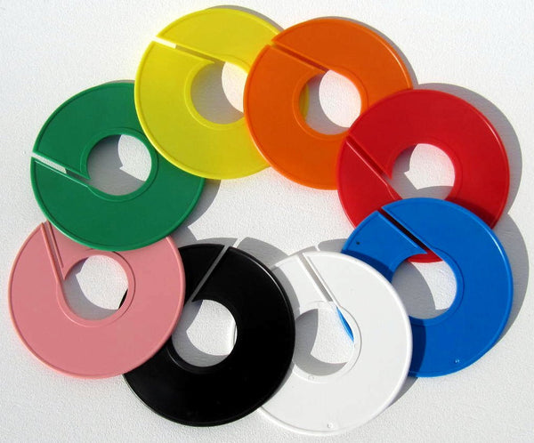Rondelles de séparation colorées pour portants et barres penderies, idéales pour organiser et structurer les présentations en boutique