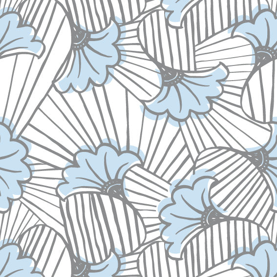 Rouleau de papier cadeau motifs floral bleu clair, en papier couché 60/90 g recyclable, dimensions 0,7 x 100 m ou 50 m, idéal pour emballages cadeaux professionnels.