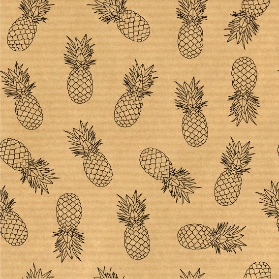 Rouleau de papier kraft brun à motifs ananas imprimés, solide et recyclable, idéal pour emballage cadeau, fleuristes et commerces de détail.