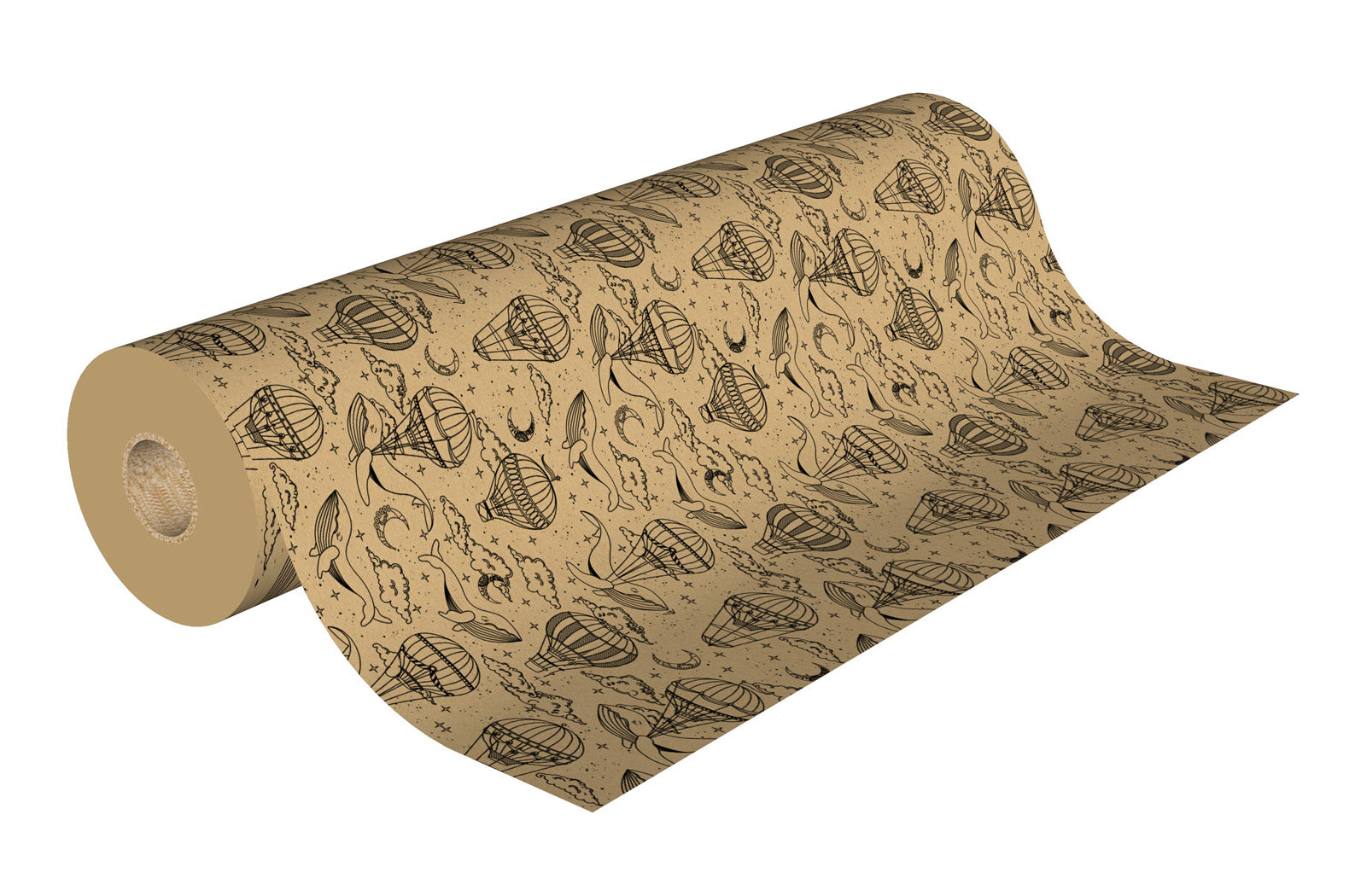 Rouleau de papier kraft brun à motifs baleine et montgolfière imprimés, solide et recyclable, idéal pour emballage cadeau, fleuristes et commerces de détail.