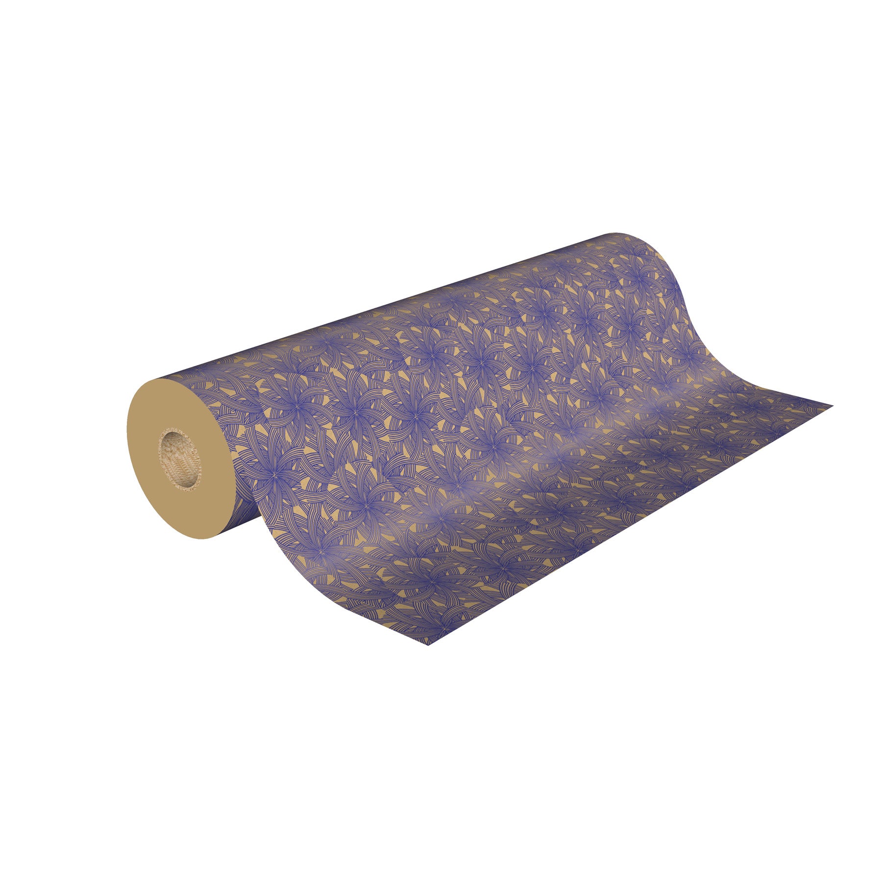 Rouleau de papier kraft brun à motifs fleur bleu imprimés, solide et recyclable, idéal pour emballage cadeau, fleuristes et commerces de détail.