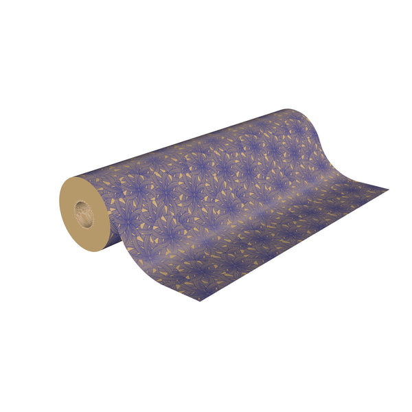 Rouleau de papier kraft brun à motifs fleur bleu imprimés, solide et recyclable, idéal pour emballage cadeau, fleuristes et commerces de détail.