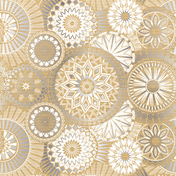 Rouleau de papier kraft brun à motifs mandala argent imprimés, solide et recyclable, idéal pour emballage cadeau, fleuristes et commerces de détail.