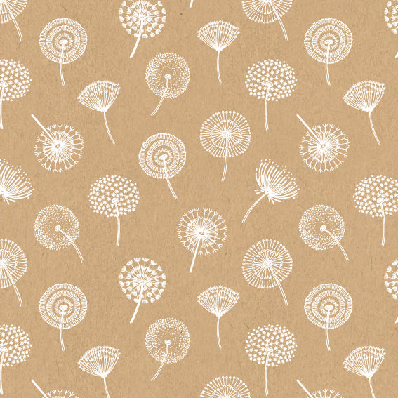 Rouleau de papier kraft brun à motifs pissenlit imprimés, solide et recyclable, idéal pour emballage cadeau, fleuristes et commerces de détail.