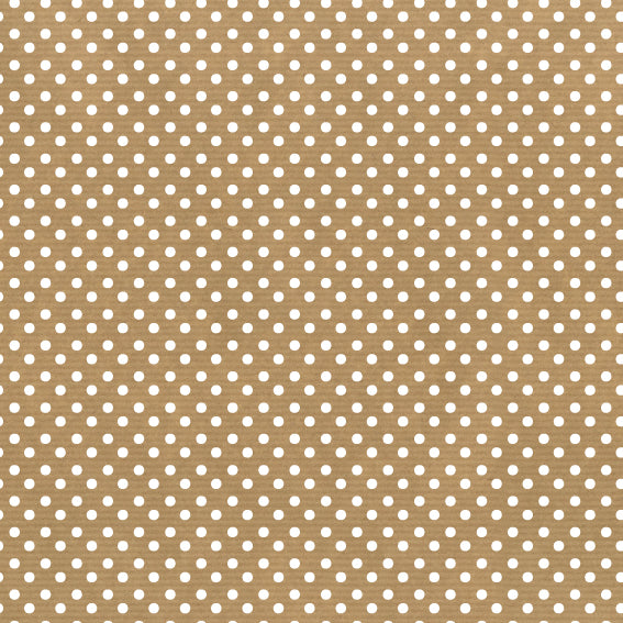 Rouleau de papier kraft brun à motifs pois imprimés, solide et recyclable, idéal pour emballage cadeau, fleuristes et commerces de détail.