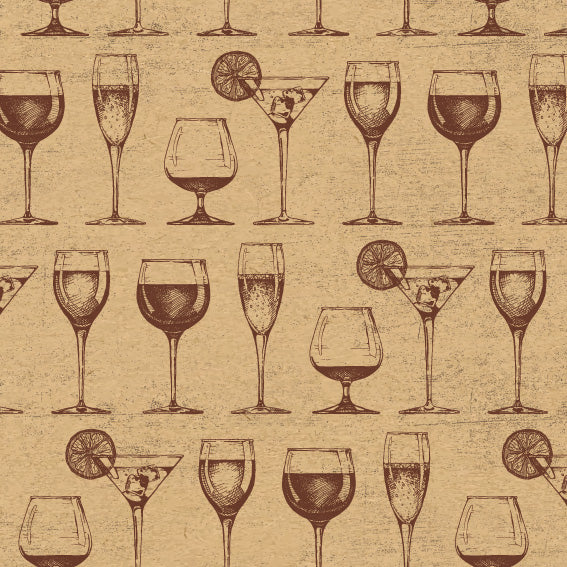 Rouleau de papier kraft brun à motifs verre à pied imprimés, solide et recyclable, idéal pour emballage cadeau, fleuristes et commerces de détail.