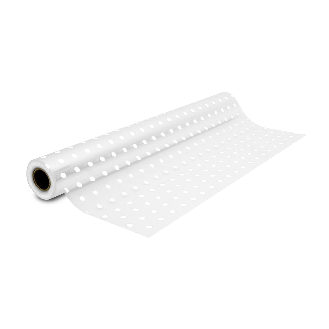 Rouleau polypropylène imprimé, motifs décoratifs pois, largeur 70 cm et longueur 100 m, idéal pour emballage fleurs, chocolats, cadeaux et paniers garnis.