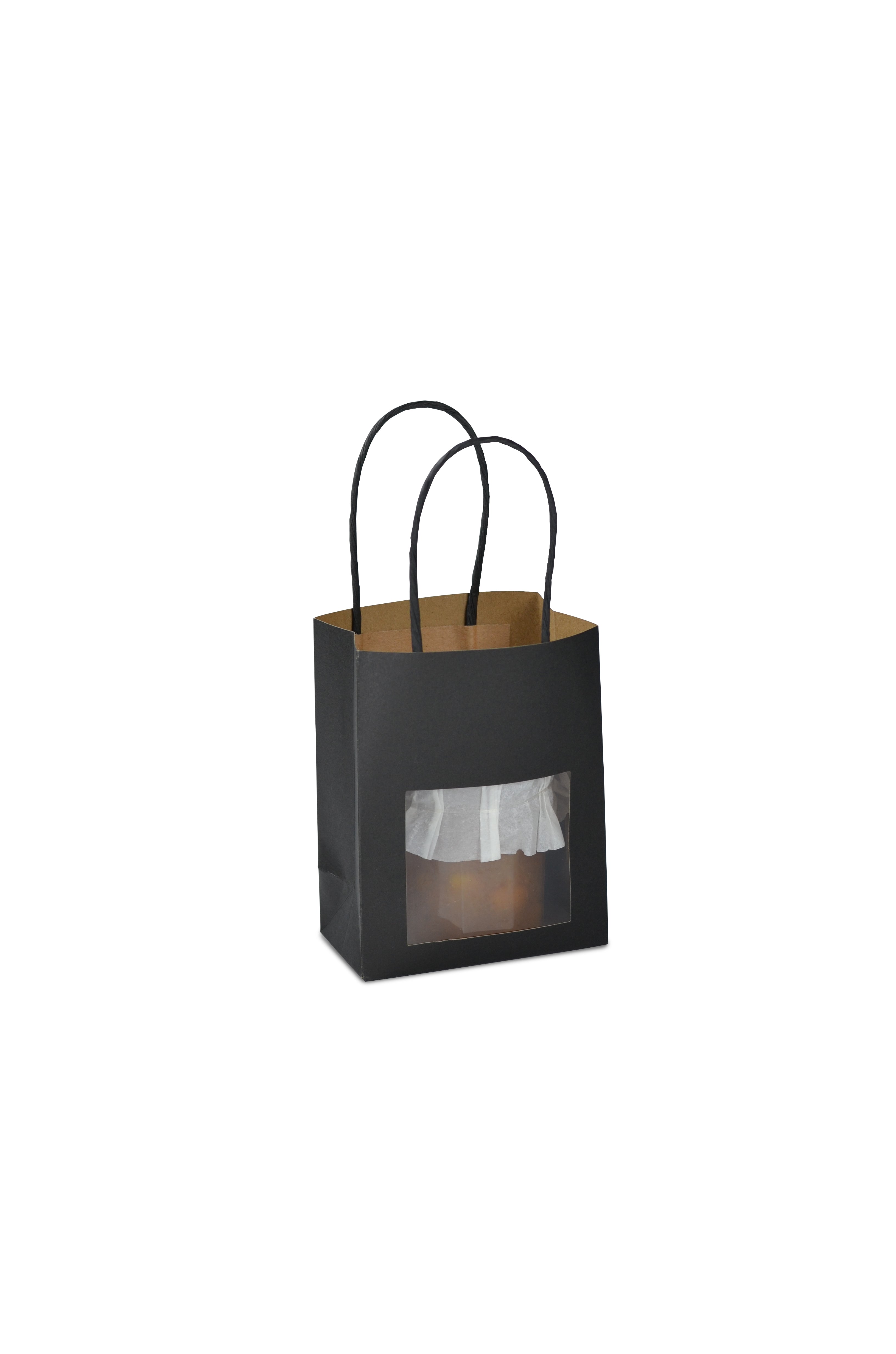 Sac en papier kraft noir avec fenêtre transparente et poignées torsadées, idéal pour mettre en valeur pots ou produits gourmands