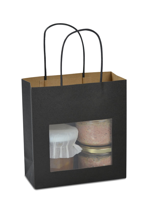 Sac en papier kraft noir avec fenêtre transparente et poignées torsadées, idéal pour mettre en valeur pots ou produits gourmands