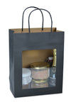 Sac en papier kraft noir avec fenêtre transparente et poignées torsadées, idéal pour mettre en valeur pots, bouteilles ou produits gourmands