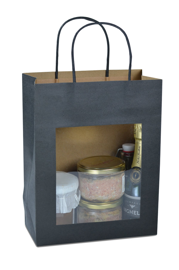 Sac en papier kraft noir avec fenêtre transparente et poignées torsadées, idéal pour mettre en valeur pots, bouteilles ou produits gourmands