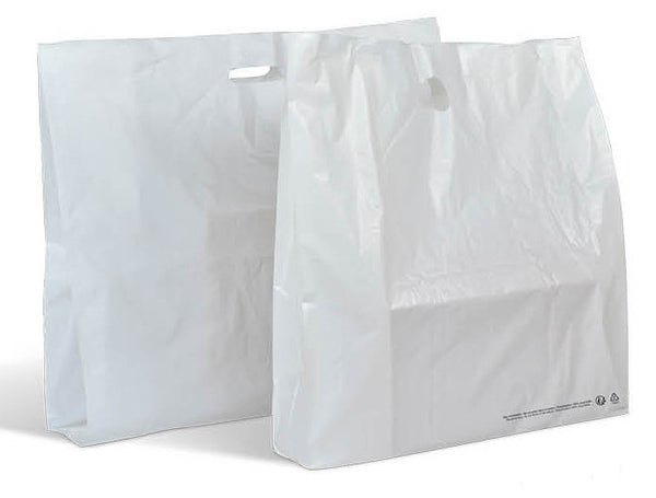 sac plastique PEHD blanc 50 µ avec poignées découpées, réutilisable et 100 % recyclable, disponible en 2 formats, idéal commerces et événements