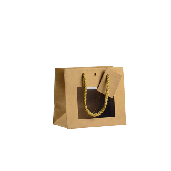 Sac vitrine horizontal kraft brun avec fenêtre, 175 g/m², poignées cordelières et fond renforcé, carte cadeau incluse. Élégant et recyclable.