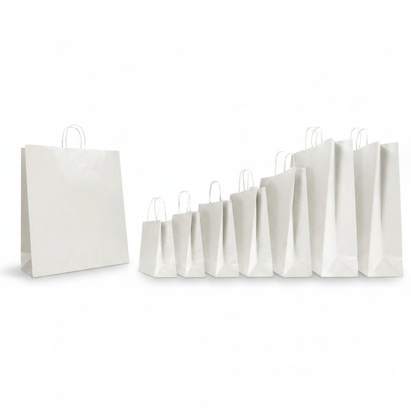 Sacs kraft blancs avec poignées torsadées, disponibles en 7 formats. Élégants et robustes, parfaits pour boutiques, traiteurs et commerces de proximité.