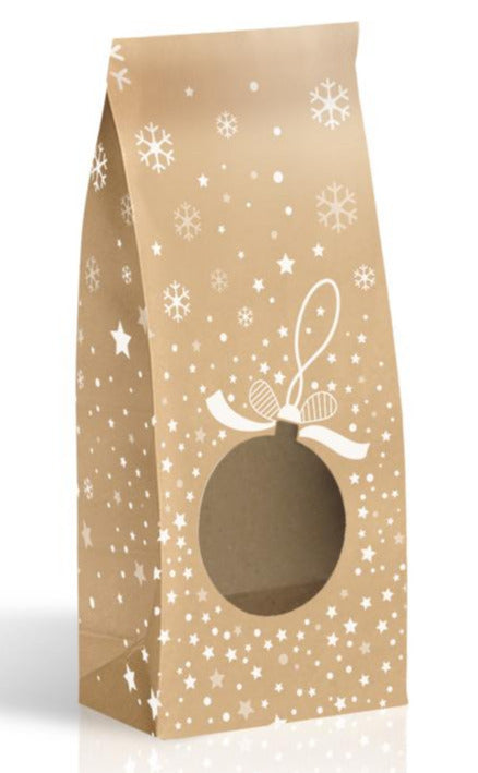 sachet kraft motif boules de Noël thermosoudable, apte au contact alimentaire, disponible en 2 formats pour chocolats, biscuits et confiseries